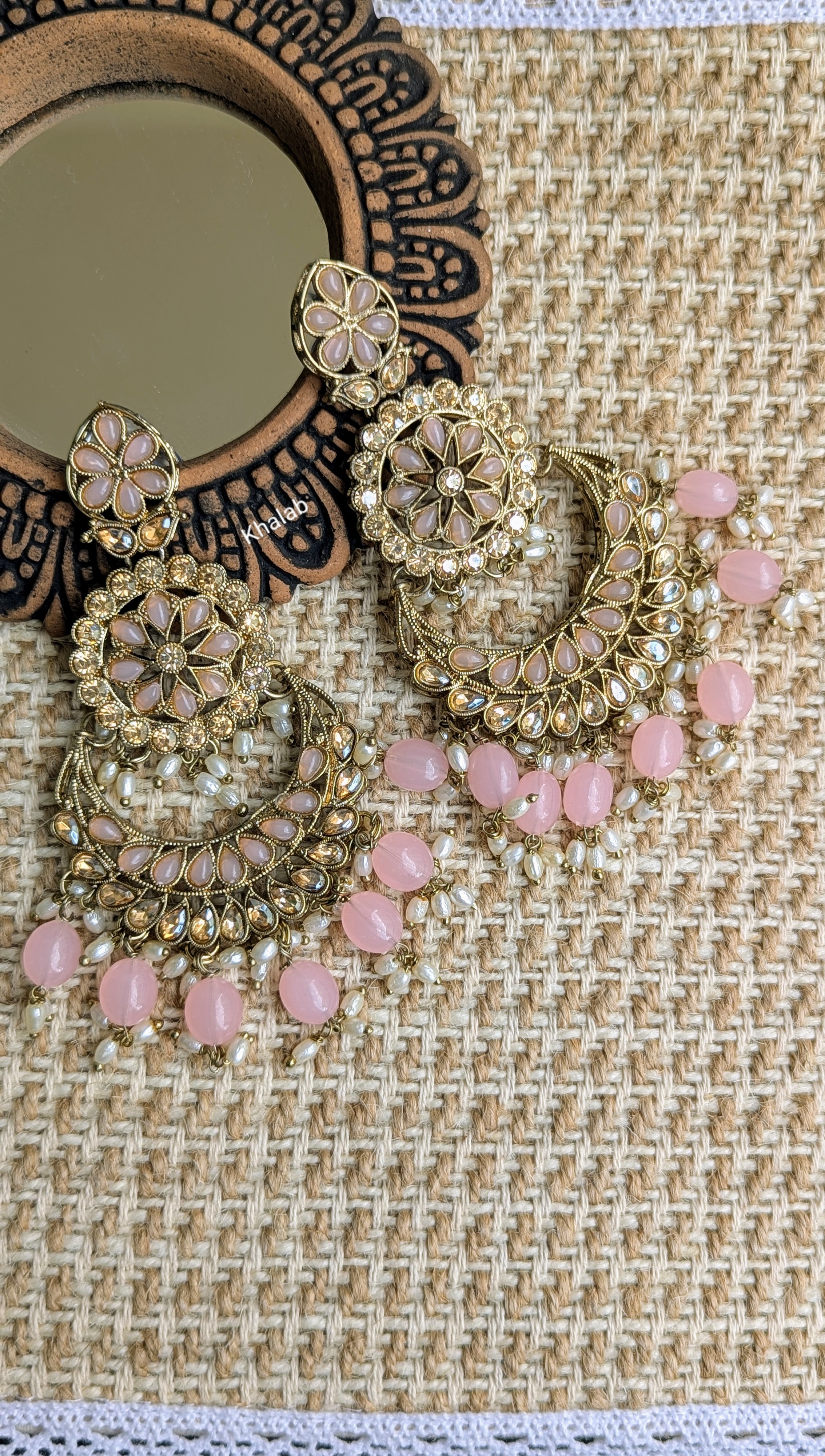 Baby Pink Long Kundan Earrings