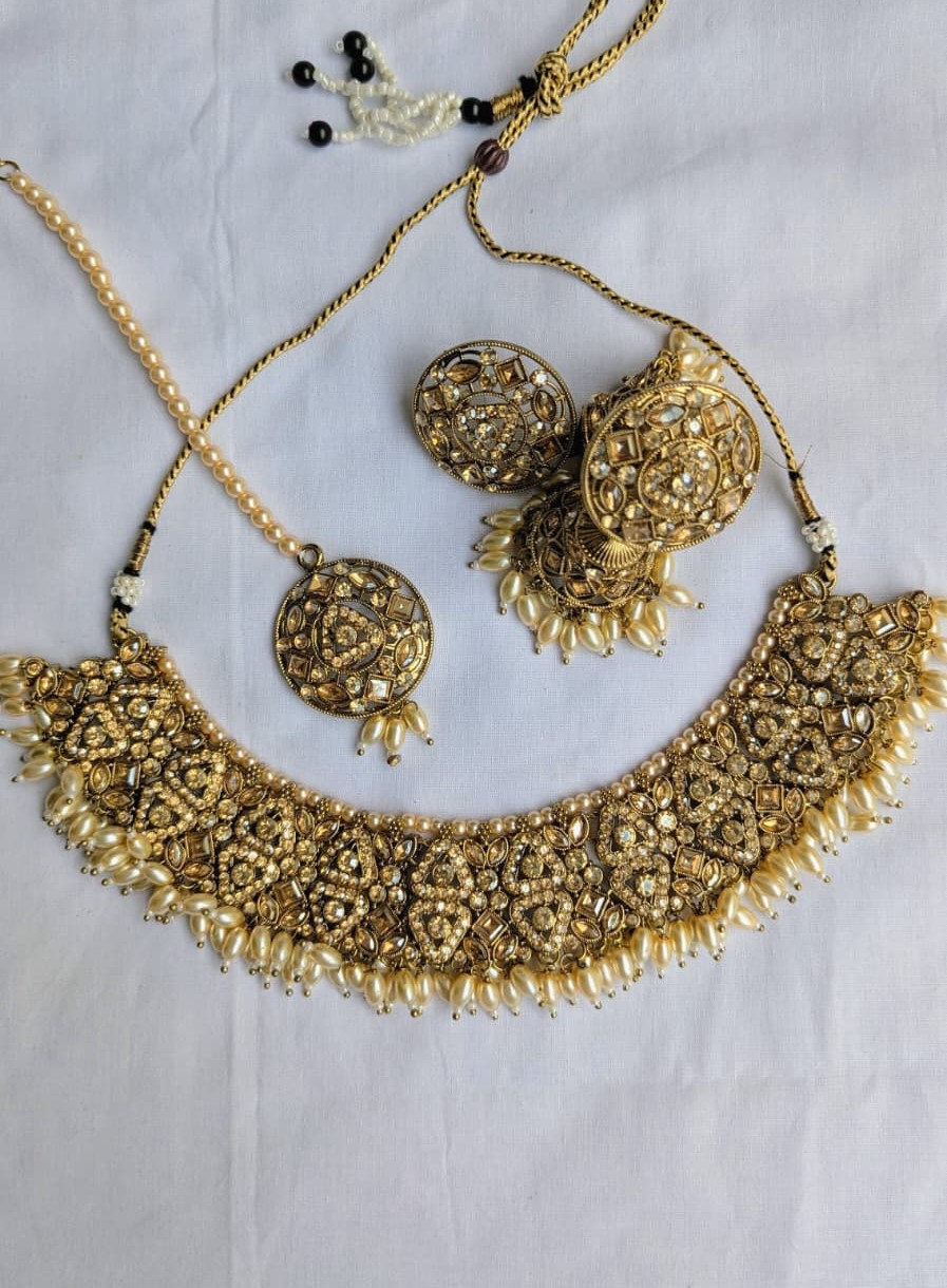 All-over stone Choker witth Jhumka & Tikli