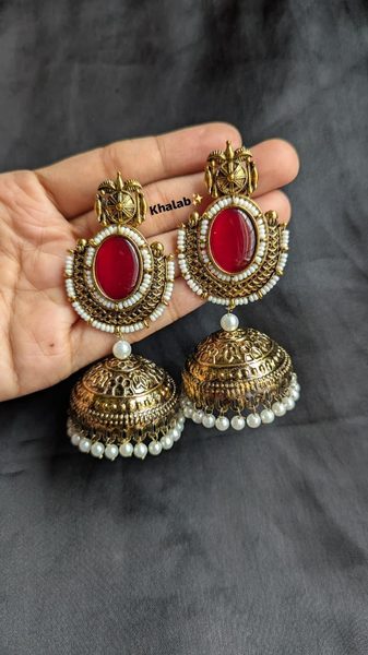 Antique Jhumka- Oval Shape Stone